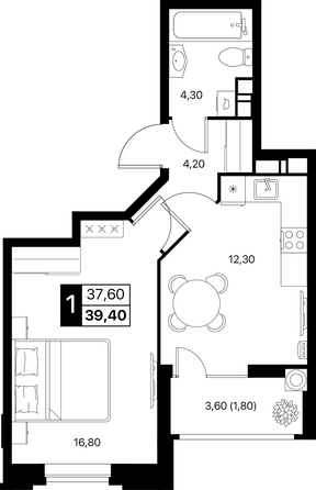 Планировка 1-комн 39,4 м²