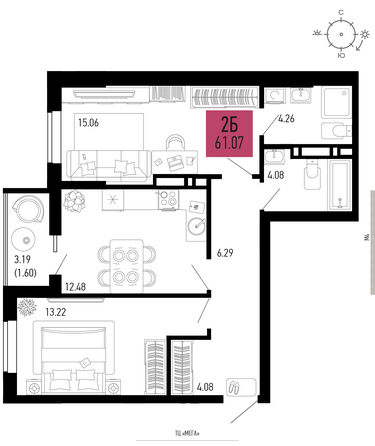 Планировка 2-комн 61,07 м²