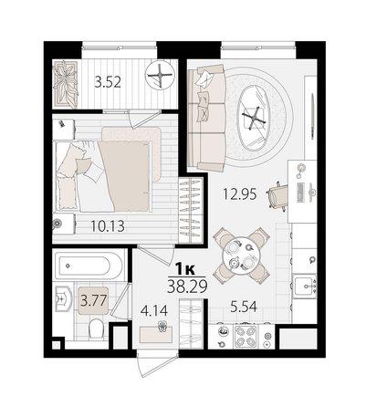 Планировка 1-комн 38 м²