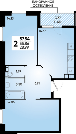 Планировка 2-комн 57,54 м²