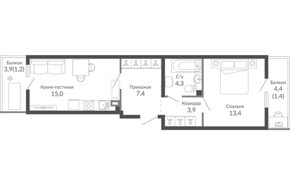 Планировка 1-комн 46,5 м²