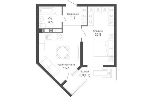 Планировка 1-комн 42,8 м²