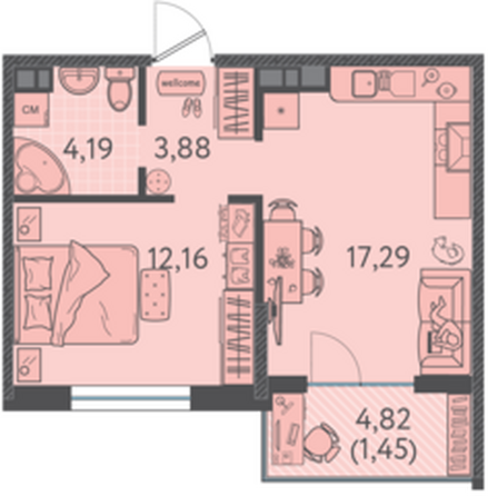 Планировка 1-комн 38,94, 38,97 м²