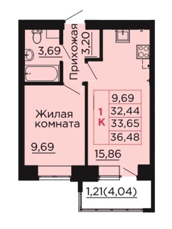 Планировка 1-комн 33,65 м²