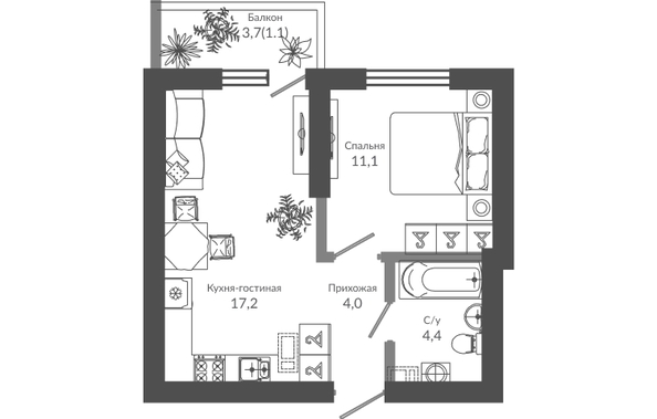 Планировка 1-комн 37,8 м²