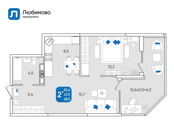 Планировка 2-комн 53,6 м²