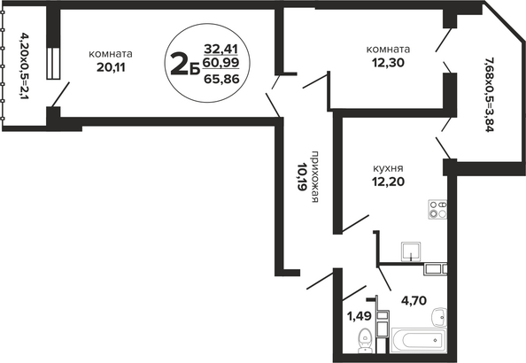 Планировка 2-комн 65,86 м²