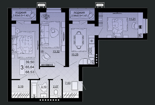 Планировка 3-комн 68,53 м²