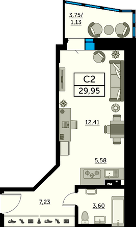 Планировка Студия 29,95, 30,3 м²