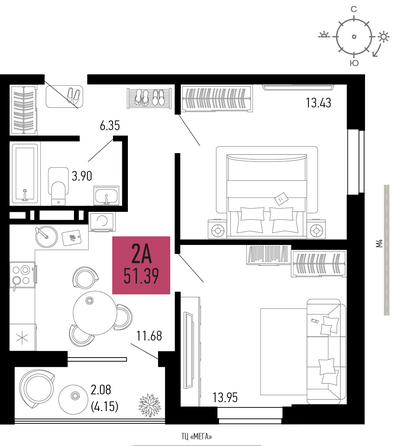 Планировка 2-комн 51,39 м²