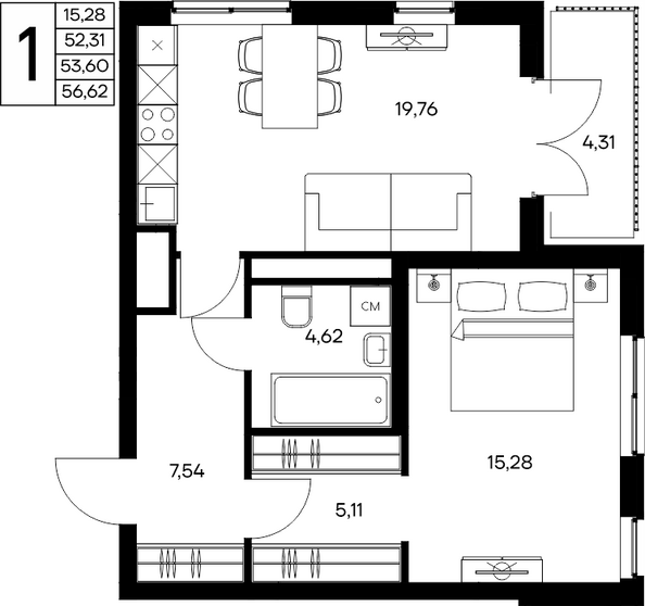 Планировка 1-комн 56,62 м²