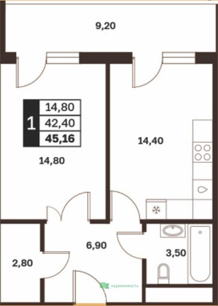 Планировка 1-комн 45,16 м²