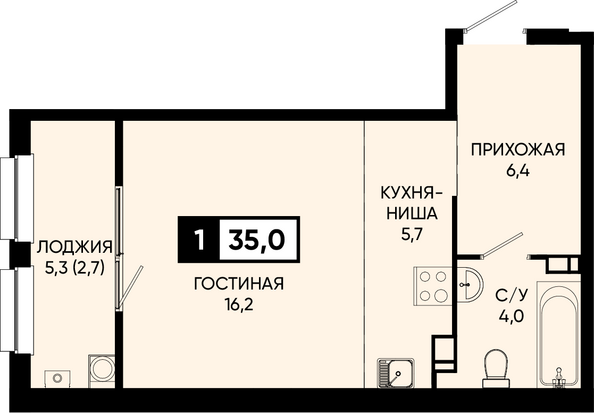 Планировка 1-комн 35, 35,2 м²