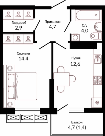 Планировка 1-комн 40 м²