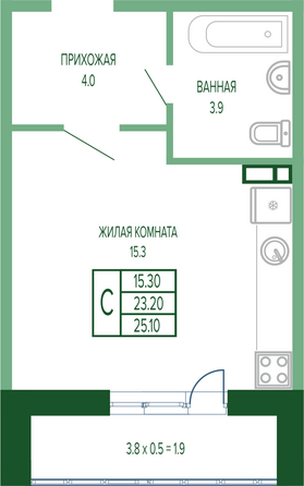 Планировка Студия 25,1, 25,4 м²