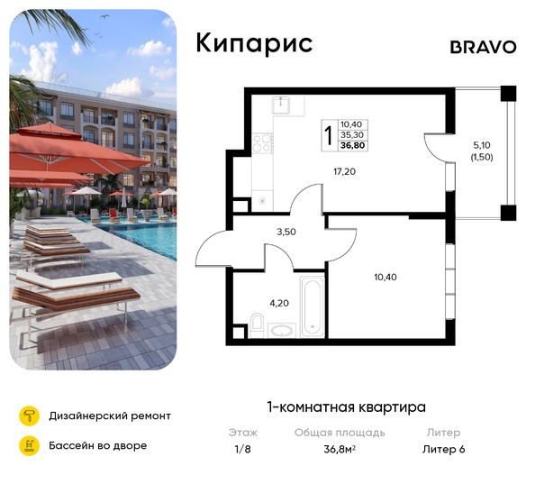 Планировка 1-комн 36,8 м²
