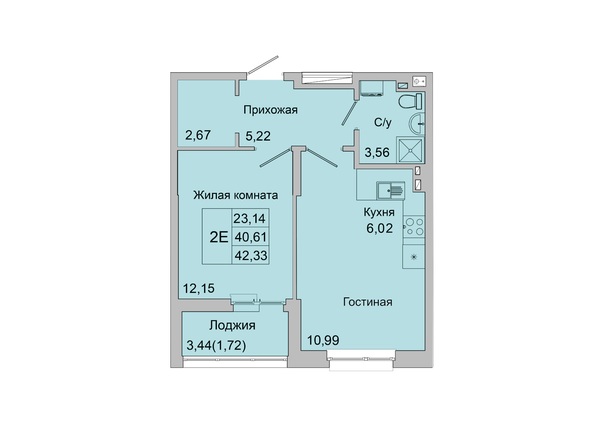 Планировка 2-комн 41,29 - 42,33 м²