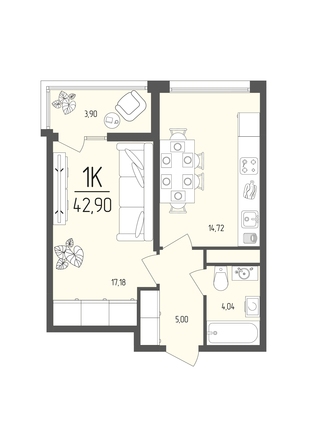 Планировка 1-комн 42,9 м²
