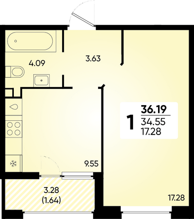 Планировка 1-комн 36,19 м²