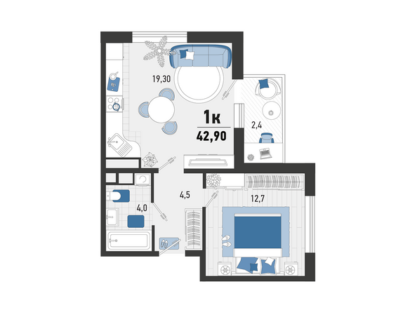 Планировка 1-комн 42,9 м²