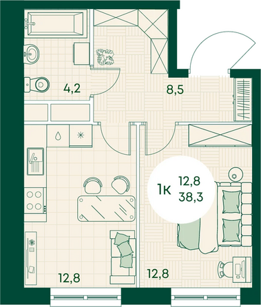 Планировка 1-комн 38,3 м²