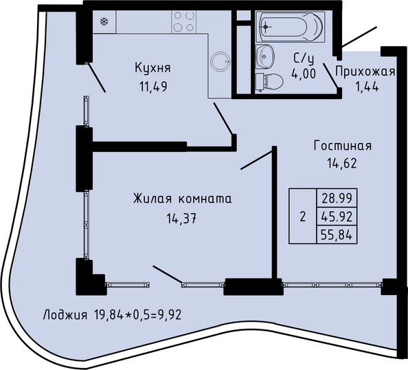 Планировка 2-комн 55,84 м²