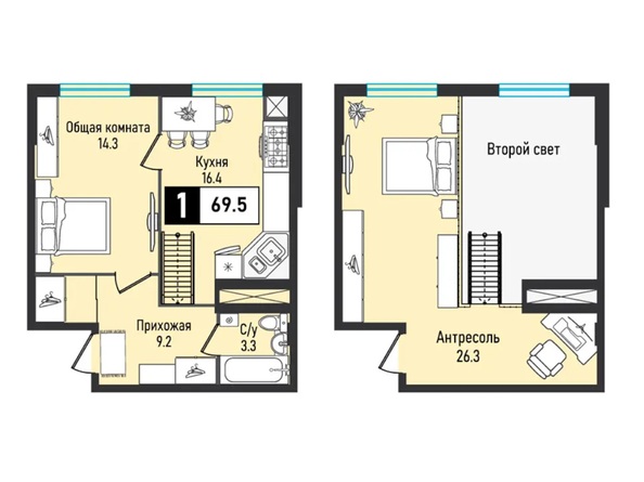 Планировка 1-комн 69,5 м²