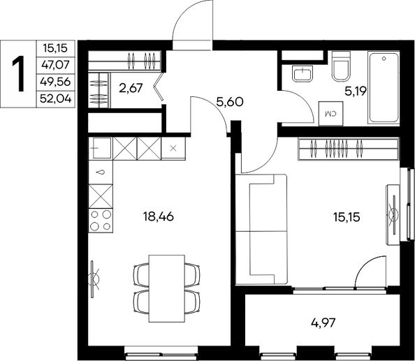 Планировка 1-комн 52,04 м²