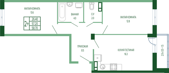 Планировка 2-комн 58,7, 59,6 м²