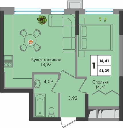 Планировка 1-комн 41,39 м²