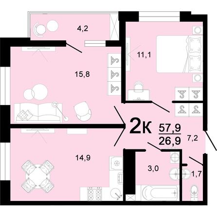 Планировка 2-комн 57,9 м²