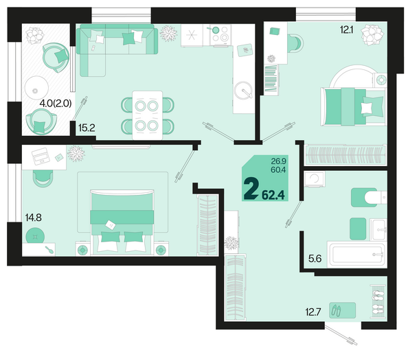 Планировка 2-комн 62,4 м²