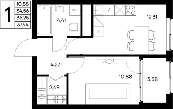 Планировка 1-комн 37,94 м²