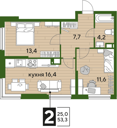 Планировка 2-комн 53,3 м²