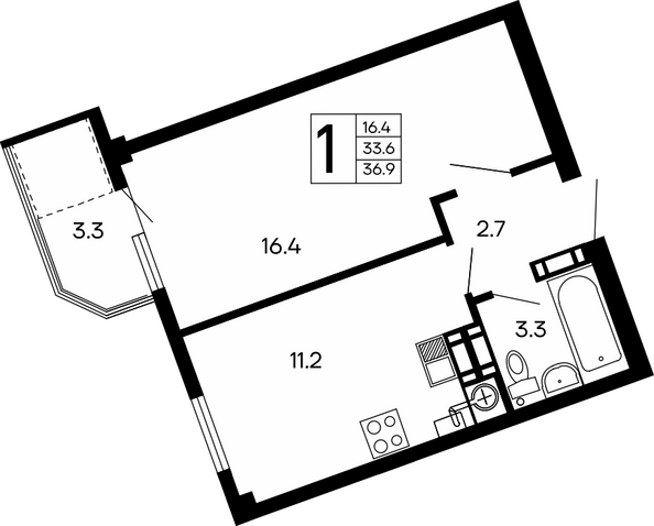 Планировка 1-комн 36,9 м²