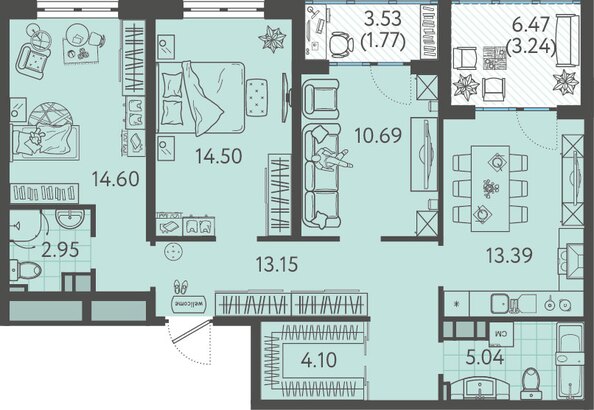 Планировка 3-комн 83,43 м²