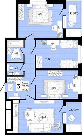 Планировка 3-комн 84,32 м²