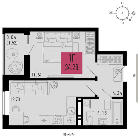 Планировка 1-комн 34,28 м²