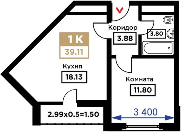 Планировка 1-комн 39,11 м²