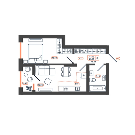 Планировка 2-комн 48,22 - 48,78 м²