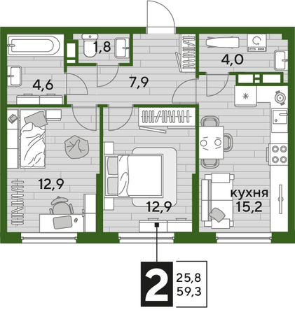 Планировка 2-комн 59,3 м²