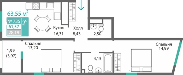 Планировка 2-комн 61,57, 62,5 м²