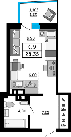 Планировка Студия 28,05, 28,35 м²