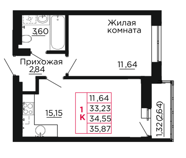 Планировка 1-комн 34,55 м²