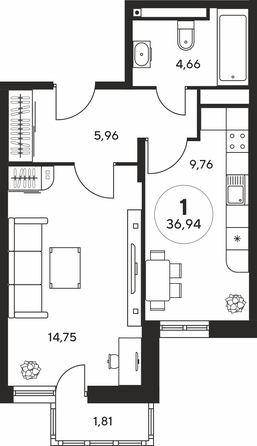 Планировка 1-комн 36,59 - 36,94 м²