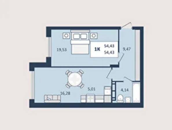 Планировка 1-комн 54,5 м²