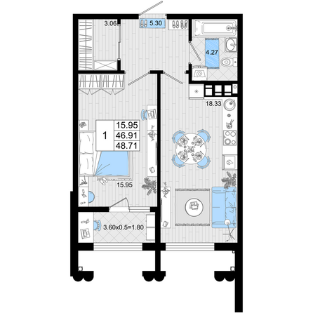 Планировка 1-комн 48,71 м²