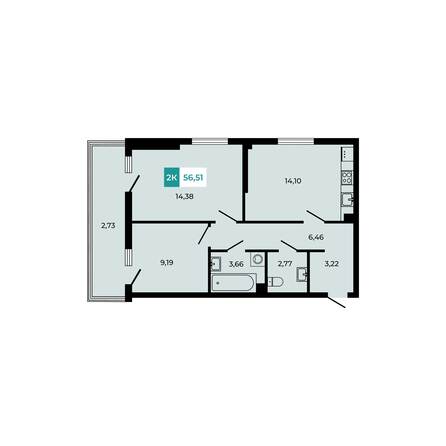 Планировка 2-комн 56,51 м²