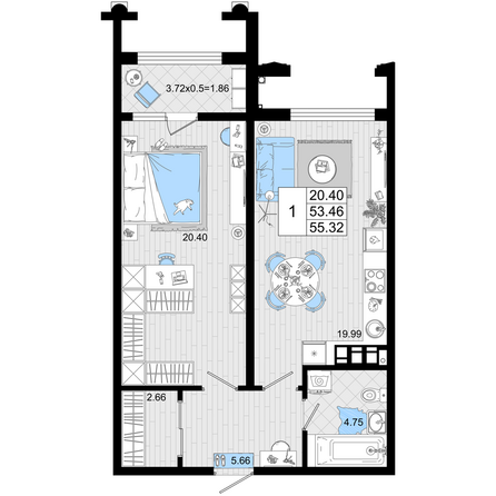 Планировка 1-комн 55,32 м²