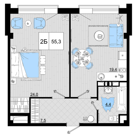 Планировка 2-комн 55,3 м²